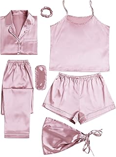 Ensemble pyjama 7 pièces en satin de soie pour femme, vêtements de nuit