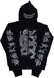 Sweat à capuche gothique avec fermeture éclair et strass pour hommes, sweat-shirt surdimensionné