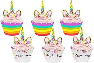 Ensemble de 24 décorations de cupcakes licorne double face pour enfants, décorations