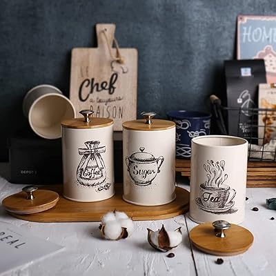 3 boîtes de conserve de thé, café, sucre de cuisine blanche rétro