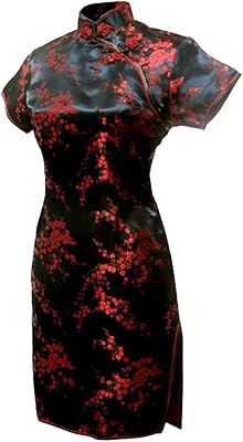 Robe de soirée chinoise courte cheongsam à fleurs noire et rouge pour femme
