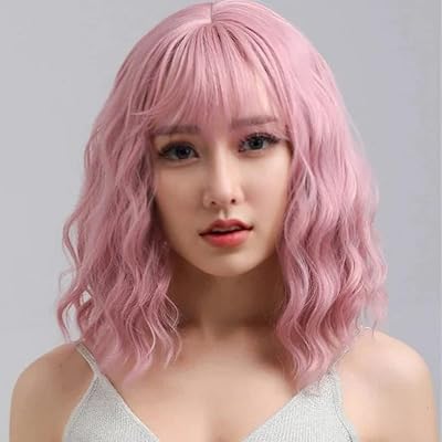 Perruque ondulée pastel avec frange aérienne perruques courtes bob violet rose pour femmes