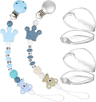 Archiopteryx 4pcs attache-tétine et étui de protection de tétine, chaîne de tétine pour bébés garçons et filles avec sangle de jouet incurvée virtuelle, chaînes de tétine pour cadeau de nouveau-né (gris/bleu). Diaytar Sénégal : Simplicité, rapidité, économie
