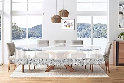 Housse de table ovale transparente 8 places stylista, 0,15 mm avec dentelle blanche