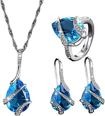 Parure de bijoux en argent avec pendentif en zircon bleu, collier et bague