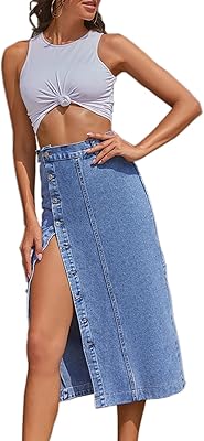 Jupe trapèze midi en jean taille haute boutonnée sur le devant pour femme