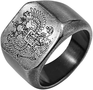 Bague classique en acier inoxydable avec double aigle russe pour hommes, design carré