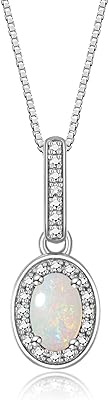 Collier pendentif diamant et opale en or blanc 14 carats avec chaîne