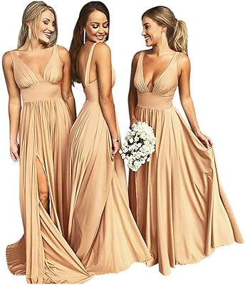 Robes de demoiselle d'honneur en satin à col en v pour mariage, robes
