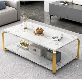 Table de canapé moderne nkx, finition en marbre blanc avec 2 couches de cadre doré pour le salon. Diaytar : Vivez l'expérience du shopping malin