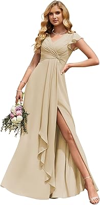Robe de demoiselle d'honneur longue en mousseline à col en v pour femme