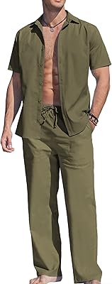 Ensemble deux pièces en lin pour hommes haut boutonné décontracté et pantalon