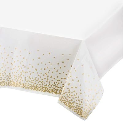 Nappe en plastique amerteer pour table rectangulaire, nappe de fête blanche jetable, couverture de table à confettis à pois dorés pour anniversaire/mariage/fête prénatale/douche nuptiale/obtention du diplôme/événement (54" x 108", 1 paquet). Gagnez du temps et de l'argent avec Diaytar