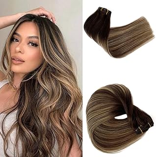 Extensions de cheveux humains à clips balayage brun moyen mélange blond