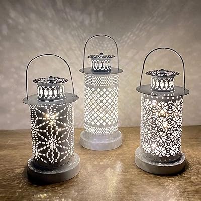 Grande lanterne ramadan en métal argenté de mosaic - avec éclairage led