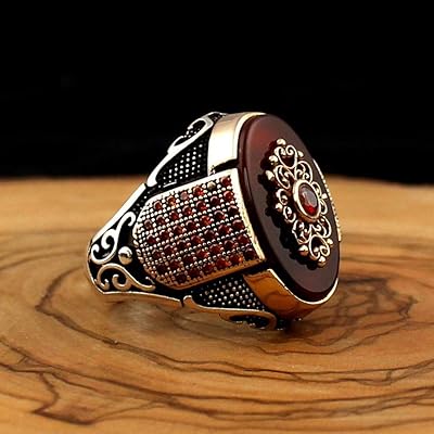 Bague pour homme en argent 925 ornée d'une pierre d'agate rouge