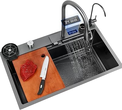 Évier de cuisine en acier inoxydable 304, évier cascade avec robinet à affichage