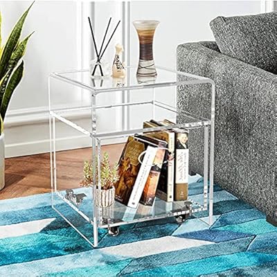 Table d'appoint en acrylique transparent unilax avec panier de rangement supplémentaire sur roulettes