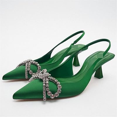 Flyehi femmesthickheeldeepmouth bout pointu sh vert strass bow talons hauts papillon talon chaussure