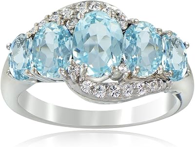 Bague 5 pierres en argent sterling avec topaze bleue et blanche