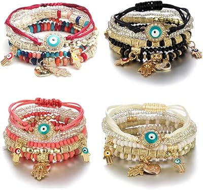 4 ensembles extensibles bohèmes, bracelets de perles multicouches avec mauvais œil hamsa, bracelet