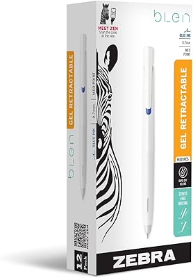 Stylo à encre gel rétractable blin zebra pen, corps blanc, pointe moyenne, 0,7
