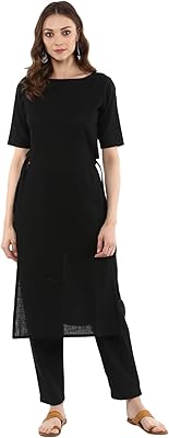 Kurta en coton coupe droite avec pantalon pour femme - noir