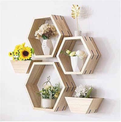 Ensemble d'étagères hexagonales en bois naturel de 5 étagères murales pour chambre, bureau