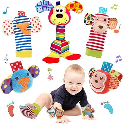 Hochet de poignet et chaussettes de recherche de pieds, jouet pour bébé, jouets pour nouveau-nés en forme d'animal doux et ensemble de jouets de dentition pour le développement du nourrisson, cadeau d'anniversaire, jouets pour enfants fille et garçon de 0 à 3, 3 à 6, 6 à 12 mois, 5 pièces. Diaytar Sénégal : Simplicité, rapidité, économie