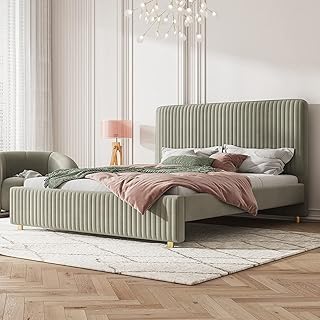 Cadre de lit rembourré en velours et bois d'érable, king, queen size, sommier