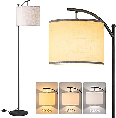 Lampadaire led wampory montage arc avec grand abat-jour en lin, lampe de lecture