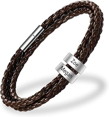 Bracelets en cuir pour hommes avec 1 à 8 perles nom gravé, bracelet