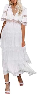 Robe de soirée longue décontractée pour femmes, col en v, manches courtes, dentelle