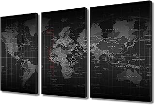 3 pièces de peintures murales de carte du monde, décorations de maison, impressions d'art en noir et blanc, images panoramiques de carte du monde, décoration murale à appliquer à la décoration intérieure moderne, galerie d'impression giclée, emballage d'illustration (36\"lx24\"h). Des économies substantielles vous attendent sur Diaytar