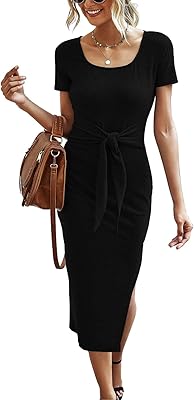 Robe mi-longue femme à manches courtes, encolure carrée, lien à la taille