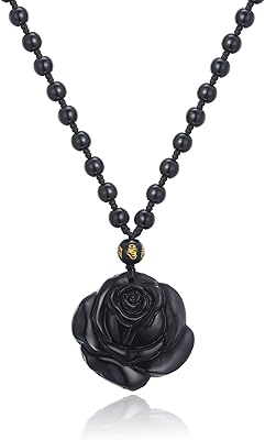 Collier pendentif rose en obsidienne noire sculptée en cristal, guérison, pierres précieuses reiki