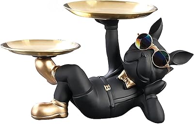 Statue de chien en résine noire exquise bonita avec 2 plateaux