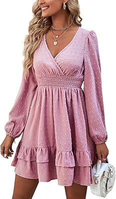 Mini robe portefeuille à manches longues et col en v à volants