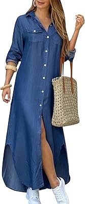 Robe longue décontractée à manches longues pour femmes avec col à revers