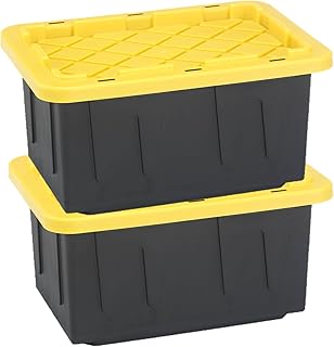 Boîte de rangement durable homez de 15 gallons, base noire, couvercle jaune, empilable