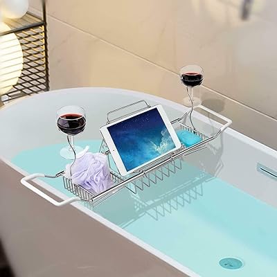 Organisateur d'étagère de baignoire en acier inoxydable rubik avec barres extensibles, porte-boissons