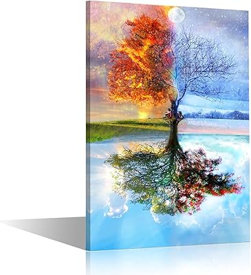 Toile murale techeron avec motif arbre quatre saisons images imprimées tendues avec cadre
