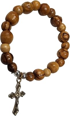 Bracelets chapelet en bois d'olivier de terre sainte avec croix en argent