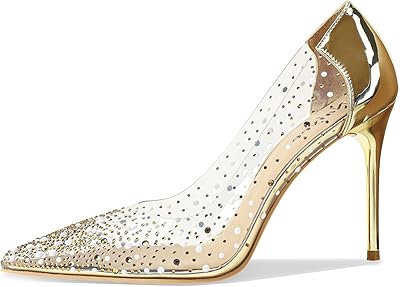 Escarpins à talons hauts pour femmes, 100 mm, strass en cristal, pvc, talon