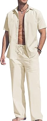 Ensemble deux pièces en lin pour hommes, haut boutonné décontracté et pantalon à