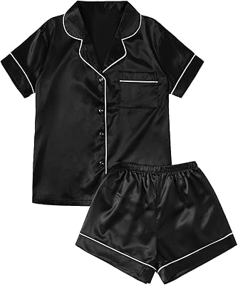 Ensemble pyjama boutonné deux pièces en satin à manches courtes pour femme