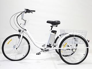 Tricycle électrique pour femmes adultes 24" avec panier arrière et panier d'épicerie