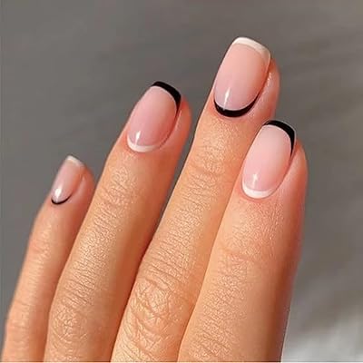 24 pièces courtes carrées à pression sur les ongles pointe française noire