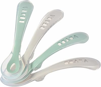 Biaba - cuillère en silicone pour bébés et tout-petits - lot de 4 - stage 2 - souple - pointe ronde - prise confortable - gris velours/vert sauge. Diaytar : L'e-commerce accessible à tous les Sénégalais