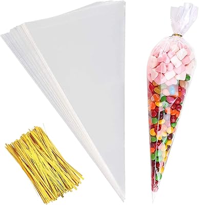 100pcs sachets cônes en cellophane transparents, sacs cônes transparents pour confiserie et pâtisserie
